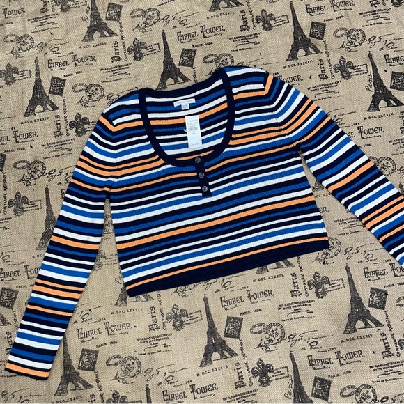 American Eagle NWT! Colorful Striped Long Sleeve Stretch Crop Top Size XL - Picture 7 of 14